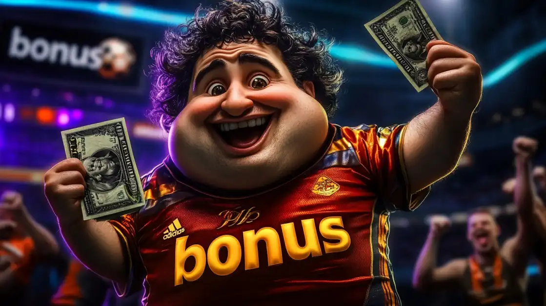 An overjoyed man in a sports jersey with the word 'bonus' on it celebrates wildly in a stadium, holding up cash from his big win. Get your winning bonus today with 1111BAT!