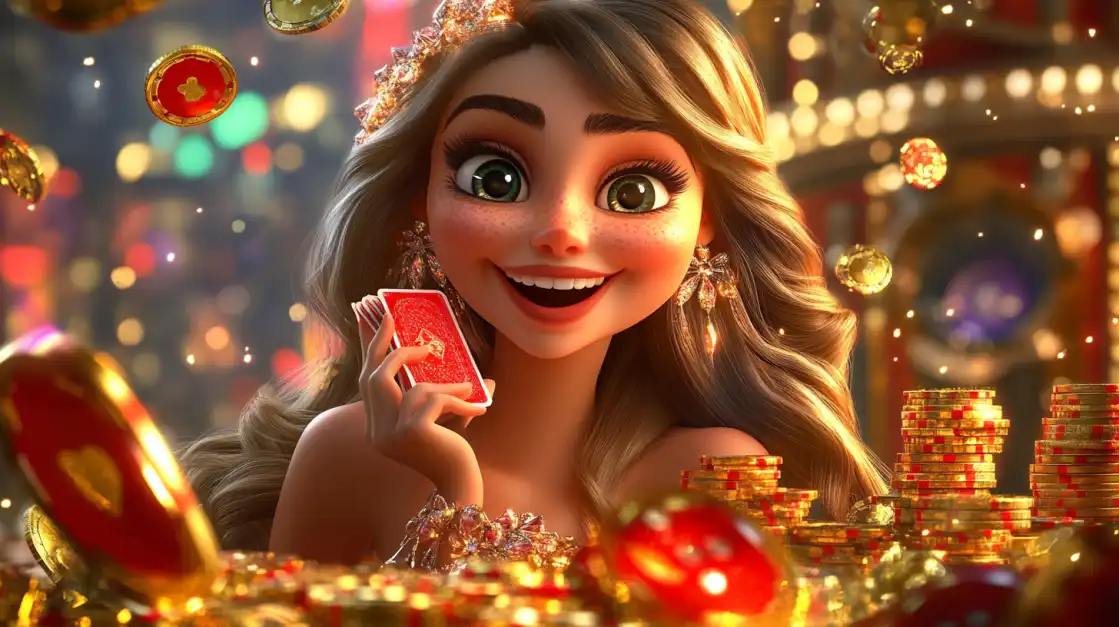 A cheerful cartoon princess with a tiara holds a winning card in a casino filled with sparkling gold coins and chips, representing the magical and fun-filled gaming experience at 1111BAT.