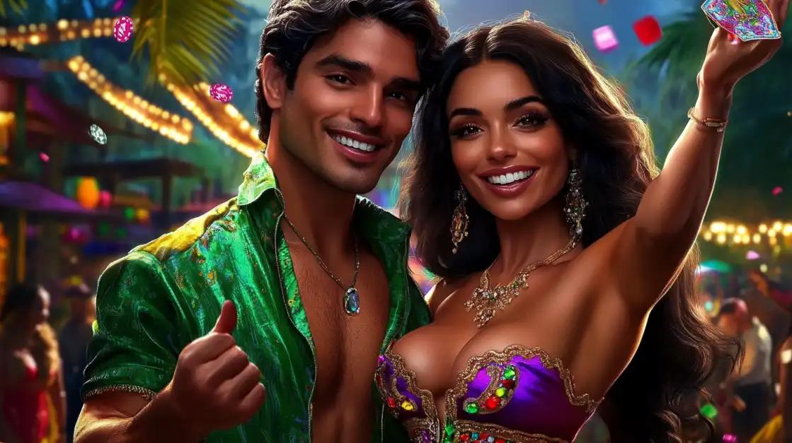 A happy, attractive couple in colorful carnival attire celebrates at a vibrant outdoor festival, embodying the fun, social, and exciting atmosphere of playing games together on 1111BAT.