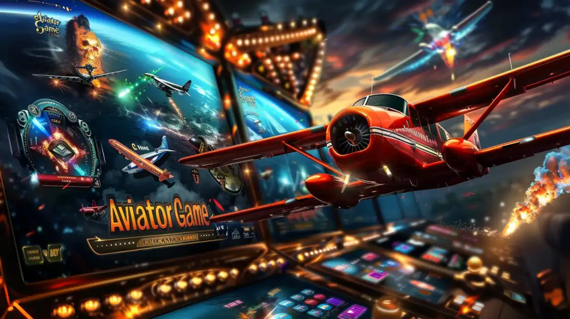 A stunning red airplane from the 'Aviator' game is shown over several smartphones displaying the game's fiery interface, showcasing the action-packed mobile experience on 1111BAT.