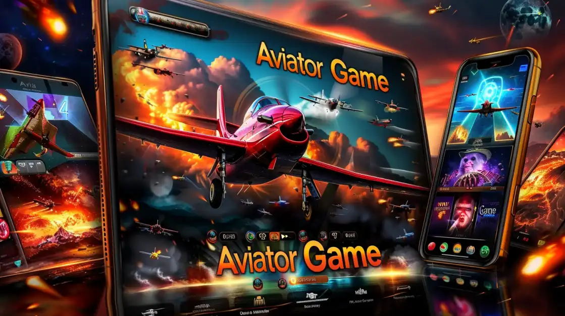 A vintage red airplane from the 'Aviator Game' soars through a high-tech casino filled with glowing slot machines, promoting the unique and thrilling crash game experience at 1111BAT.