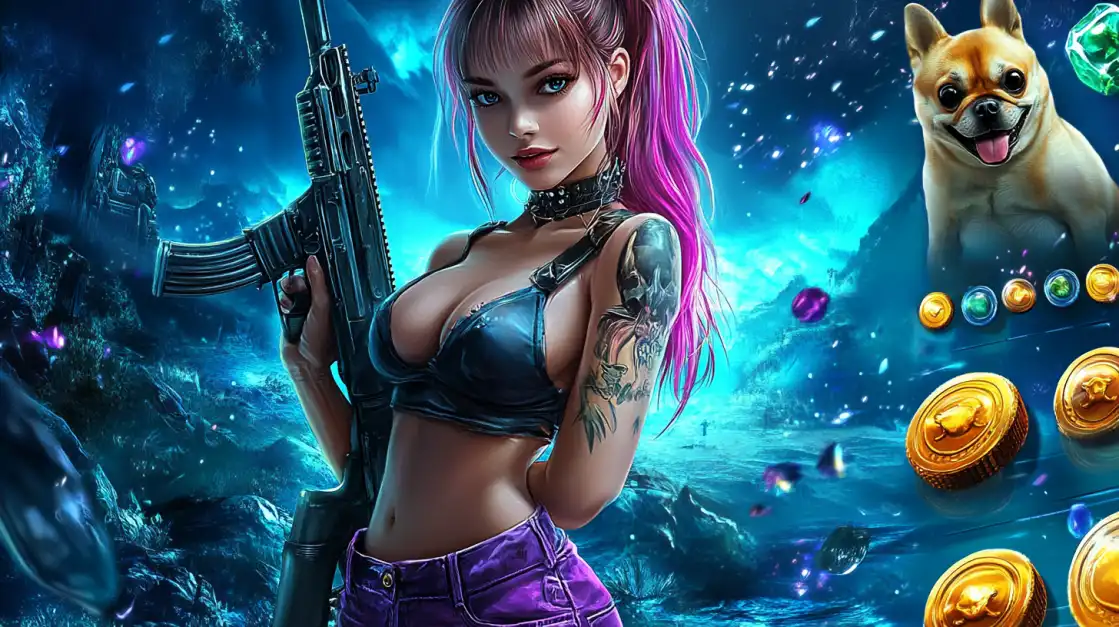 A futuristic woman with pink hair and a rifle is joined by her loyal dog companion in a mystical, gem-filled world, ready for adventure in the unique fantasy slots at 1111BAT.