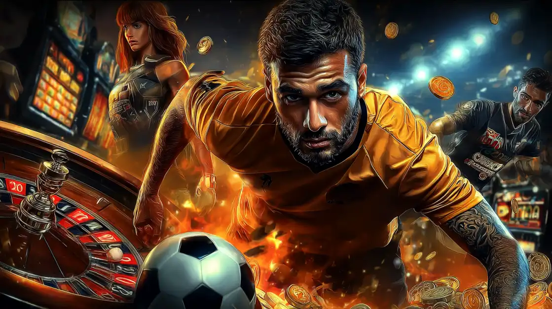 An intense male soccer player is at the heart of a fiery collage with a roulette wheel and casino chips, merging the thrilling worlds of sports betting and casino gaming at 1111BAT.