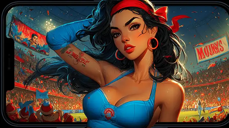 A stylish female sports fan with a tattoo cheers in a packed stadium, her image framed by a smartphone, illustrating the immersive feeling of being right in the action with the 1111BAT app.