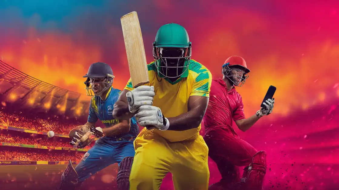 An elegant woman in a red dress uses her phone to bet on a live soccer match while in a brightly lit crowd, highlighting the convenience of the 1111BAT app for betting on the go.