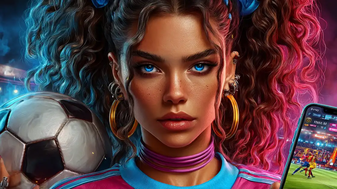 A close-up of a stylish woman with vibrant, curly hair holding a soccer ball and a smartphone, showcasing the fun and fashionable side of live sports betting with the 1111BAT app.