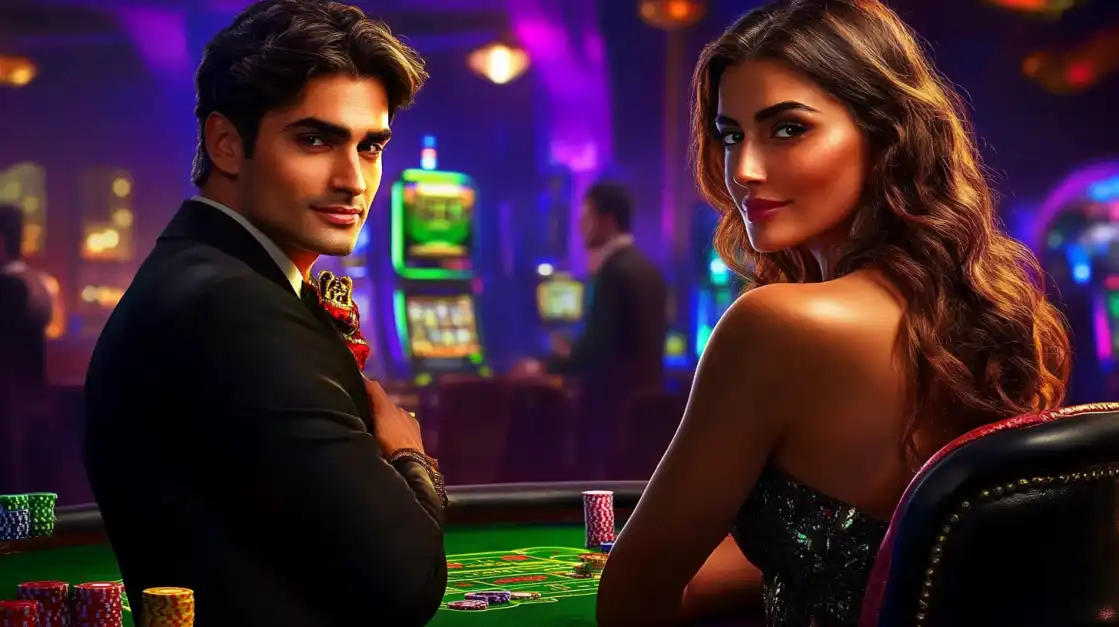 A sophisticated man and woman share a glance across a green casino table, enjoying a night of high-class gaming and excitement in the live dealer section of 1111BAT.