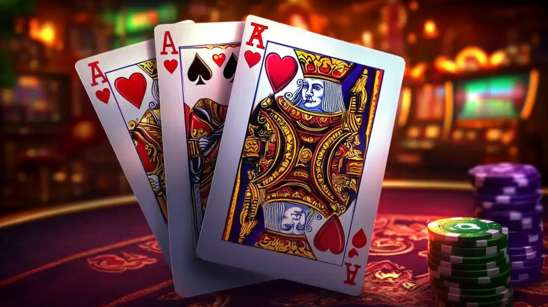 A powerful winning hand of three aces is laid out on a casino table next to a stack of green poker chips, illustrating the thrill of winning big in card games at 1111BAT.