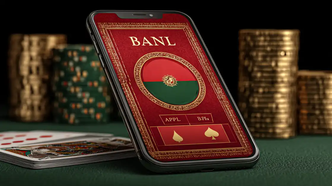 A smartphone displays an exclusive card game app with a luxurious red and gold design, surrounded by tall stacks of gold coins, showcasing the premium mobile experience at 1111BAT.