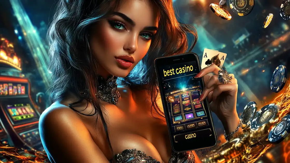 An elegant woman in a glittering gold dress holds a smartphone with a vibrant red 'LOGIN' screen, surrounded by a shower of golden lights and coins, welcoming you to 1111BAT.
