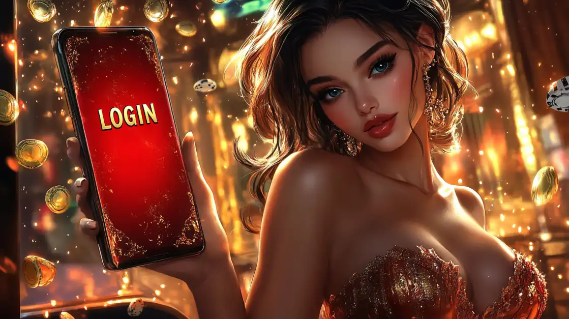 A powerful woman with purple hair and a pistol stands next to a glowing slot machine with a 'LOGIN' display, ready for you to log in to the most thrilling action slots at 1111BAT.