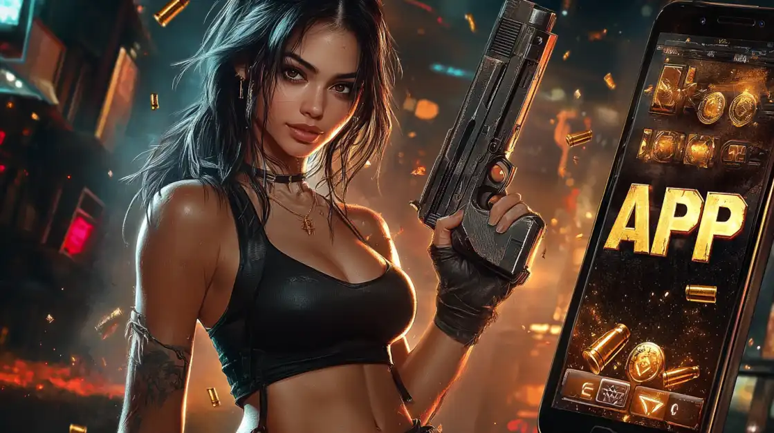 A beautiful woman in a golden top enjoys a tropical party, holding a smartphone with the 1111BAT app, as colorful poker chips rain down around her, capturing the fun of mobile gaming.