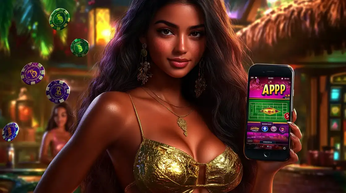 A gorgeous woman in a tropical casino setting holds a smartphone with the 1111BAT app as golden, bitcoin-style coins fall around her, highlighting the modern and exciting gaming platform.