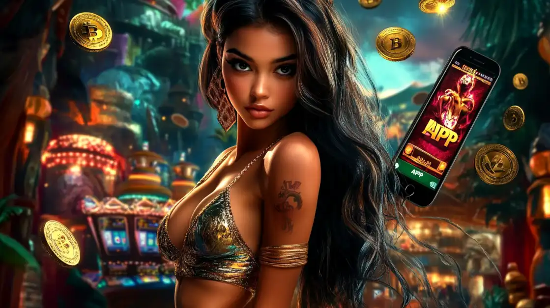A strong female warrior in a leather top holds a pistol next to a phone showing the 1111BAT app, which is filled with bullet and action-themed icons for the ultimate adventure gamer.